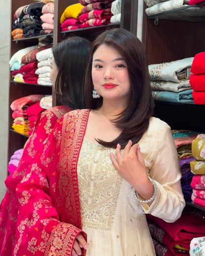 MOST ATTRACTIVE BANANA SILK ANARKALI STYLE SUIT SET