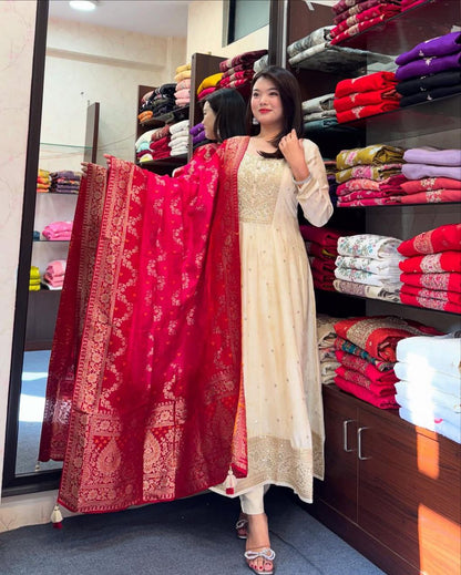 MOST ATTRACTIVE BANANA SILK ANARKALI STYLE SUIT SET