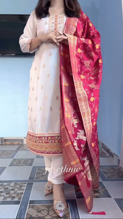 ATTRACTIVE PURE KANJIVARAM SILK EMBROIDERY SUIT SET