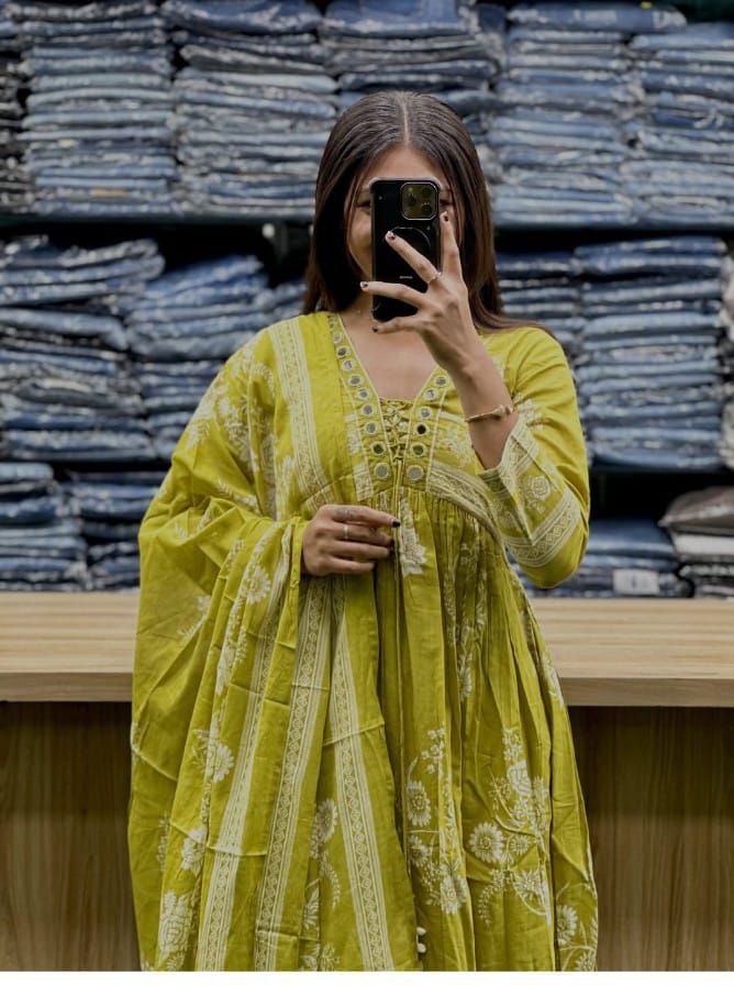 DESIGNER ANARKALI STYLE PURE COTTON SUIT SET