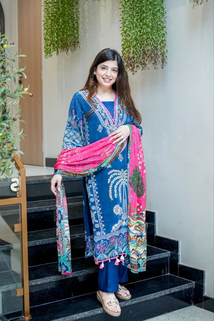 NAVY BLUE EMBROIDERED MUSLIN SUIT SET WITH PRINTED DUPATTA