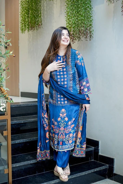 ATTRACTIVE RUSSIAN HANDWORK SILK SUIT SET WITH PRINTED DUPATTA