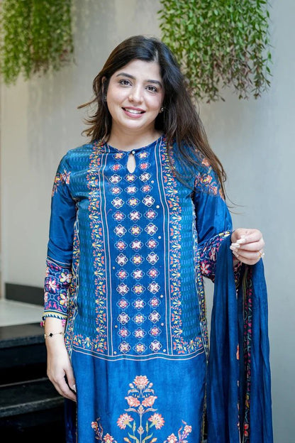 ATTRACTIVE RUSSIAN HANDWORK SILK SUIT SET WITH PRINTED DUPATTA