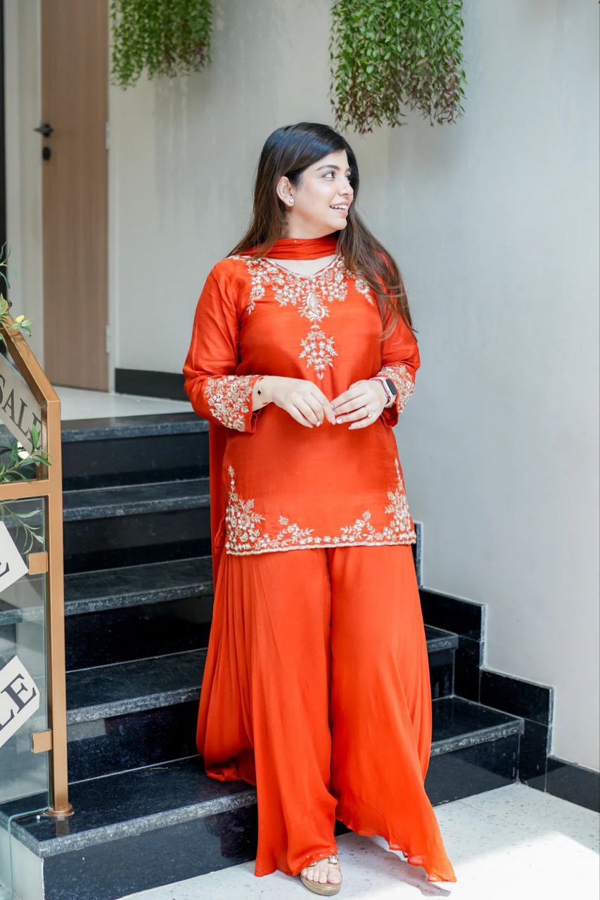 Elegant Sunset Orange Mul Chanderi Handcrafted Suit Set