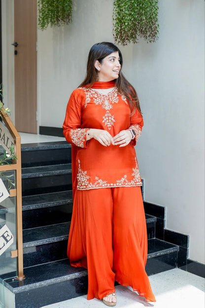 Elegant Sunset Orange Mul Chanderi Handcrafted Suit Set