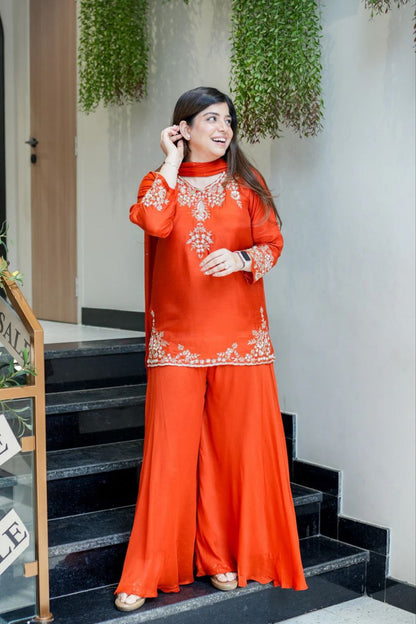 Elegant Sunset Orange Mul Chanderi Handcrafted Suit Set