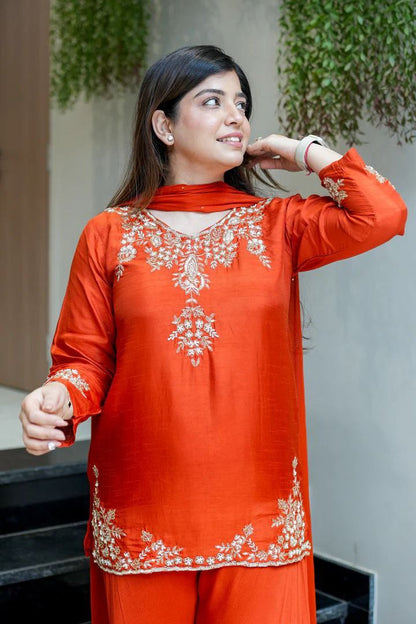 Elegant Sunset Orange Mul Chanderi Handcrafted Suit Set