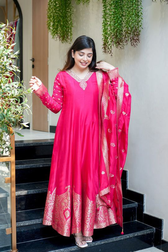 Rani Pink Banarasi Anarkali Suit – Handwork Neckline & Zari Flare