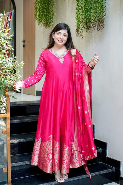 Rani Pink Banarasi Anarkali Suit – Handwork Neckline & Zari Flare