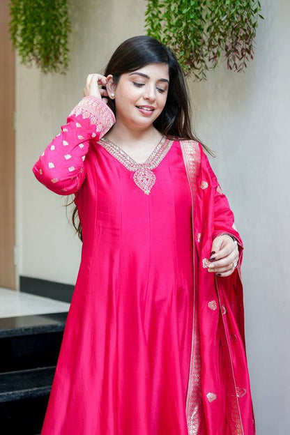 Rani Pink Banarasi Anarkali Suit – Handwork Neckline & Zari Flare