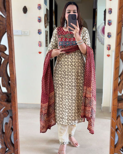 Beautiful AJRAKH Digital Prints Pathch Work Muslin Suit Sets