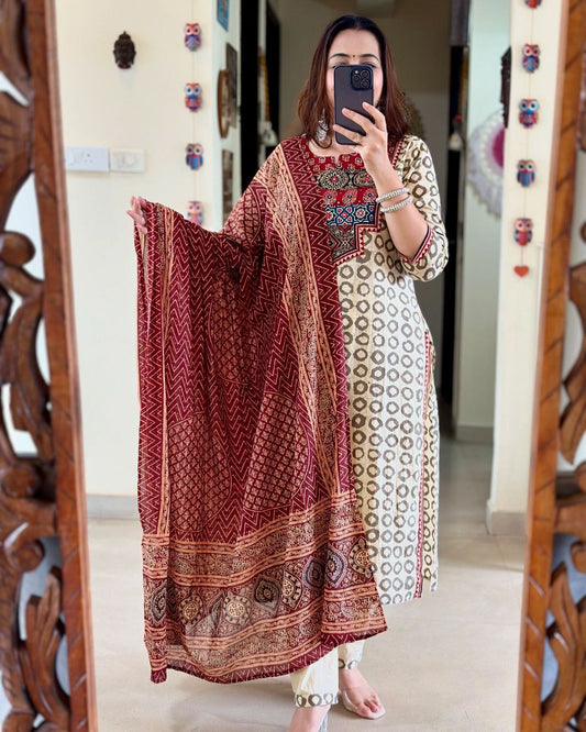 Beautiful AJRAKH Digital Prints Pathch Work Muslin Suit Sets