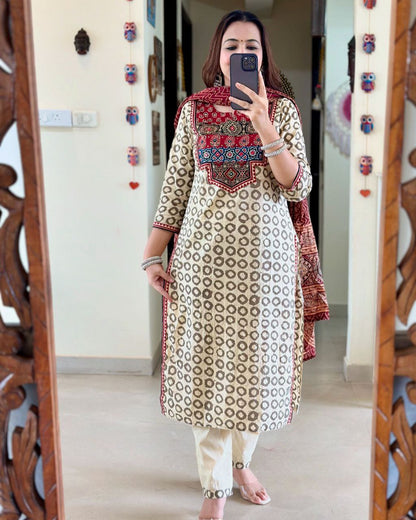 Beautiful AJRAKH Digital Prints Pathch Work Muslin Suit Sets