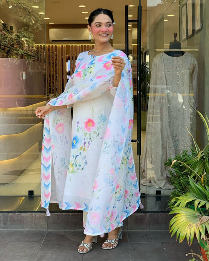 VERY ATTRACTIVE LINEN FLOWER PRINTED SUIT SET