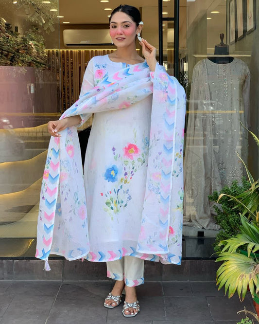 VERY ATTRACTIVE LINEN FLOWER PRINTED SUIT SET
