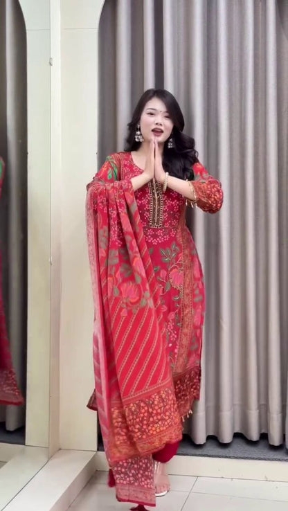 PREMIUM DESIGNER RED MUSLIN SUIT SET