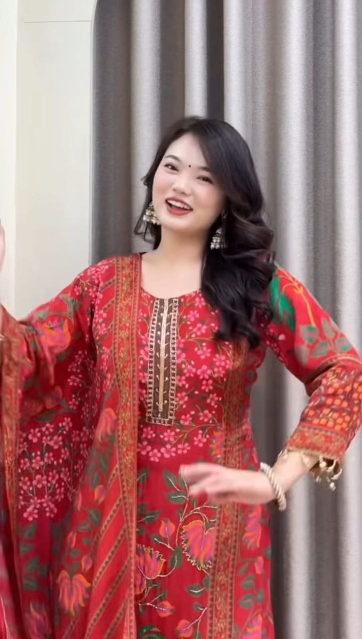 PREMIUM DESIGNER RED MUSLIN SUIT SET