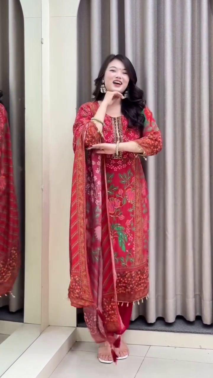 PREMIUM DESIGNER RED MUSLIN SUIT SET