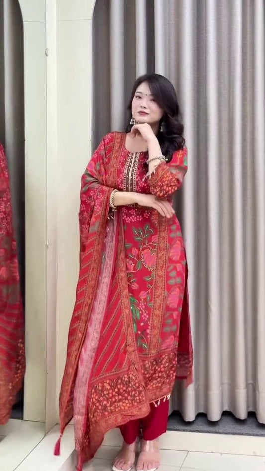 PREMIUM DESIGNER RED MUSLIN SUIT SET