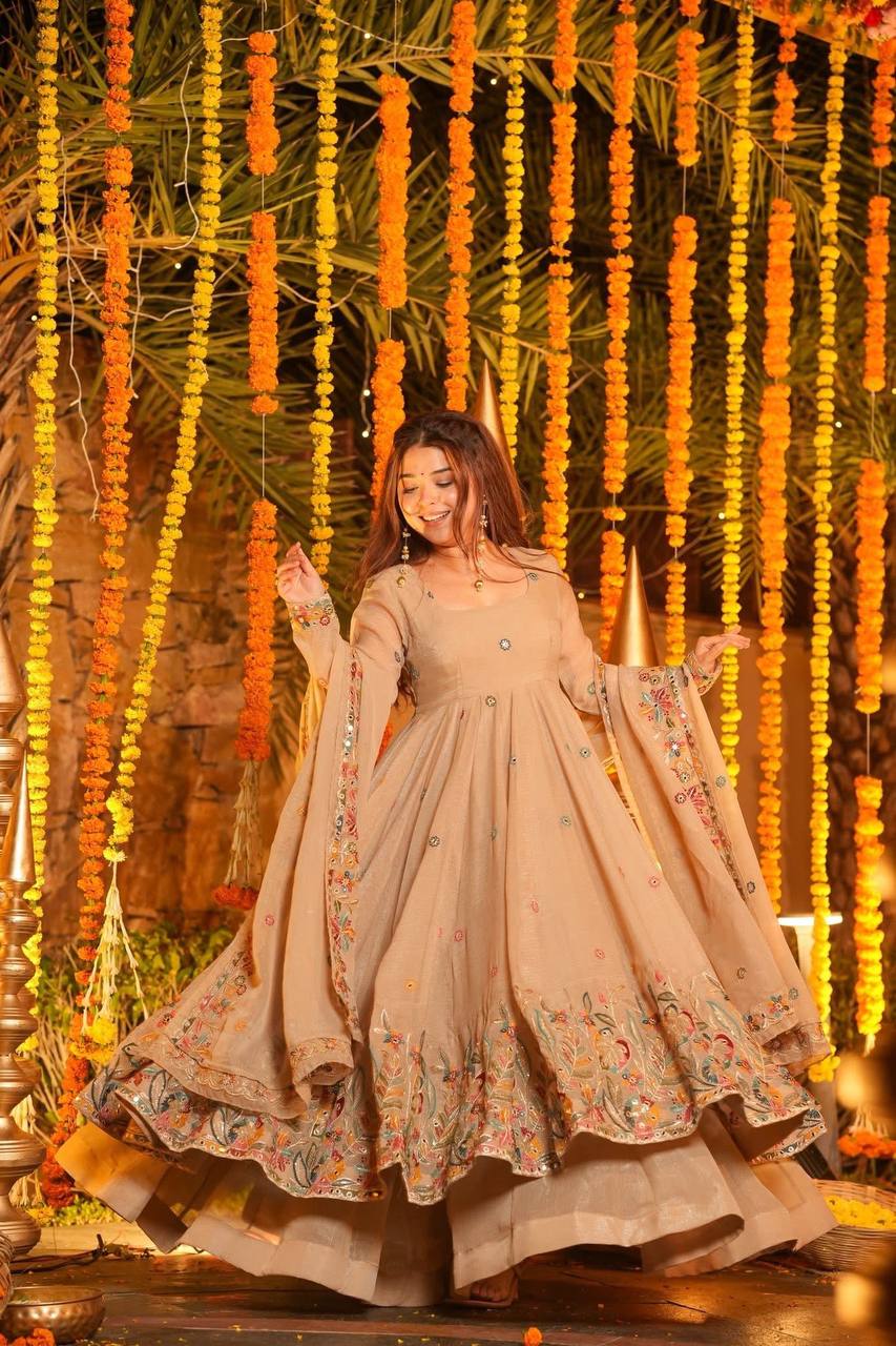 Mustani Beige Embroidered Anarkali Suit Set