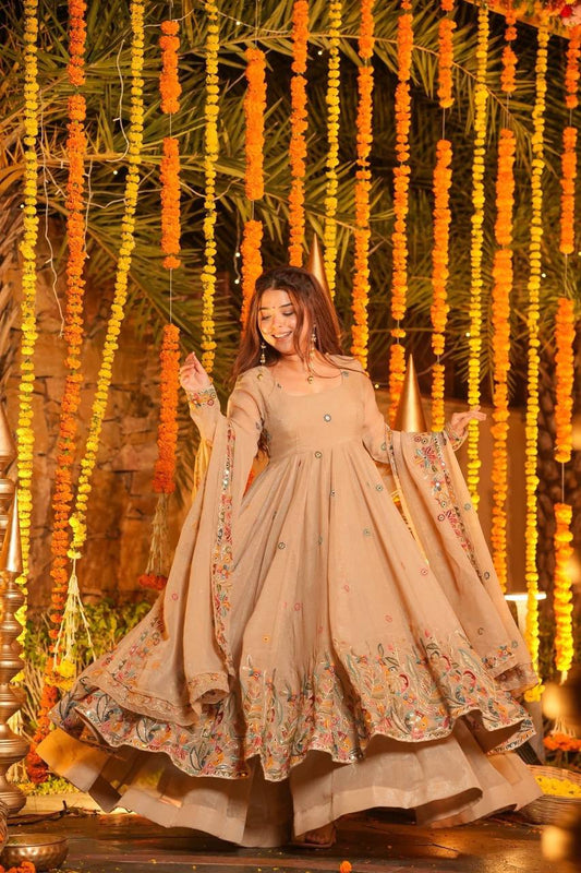 Mustani Beige Embroidered Anarkali Suit Set