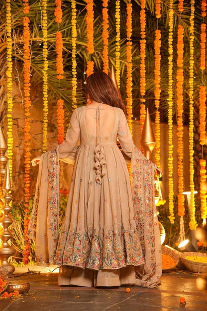 Mustani Beige Embroidered Anarkali Suit Set