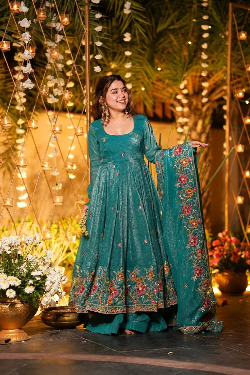 Designer Soft Crunchy Silk Embroidered Anarkali Suit Set