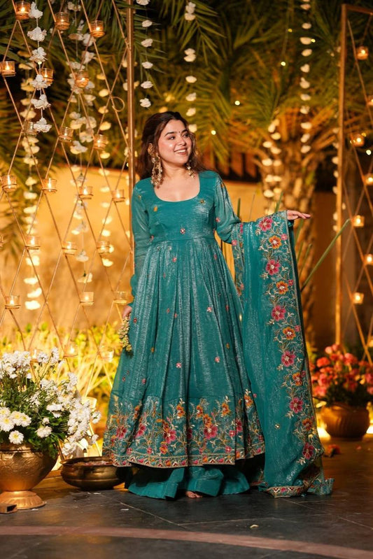 Designer Soft Crunchy Silk Embroidered Anarkali Suit Set