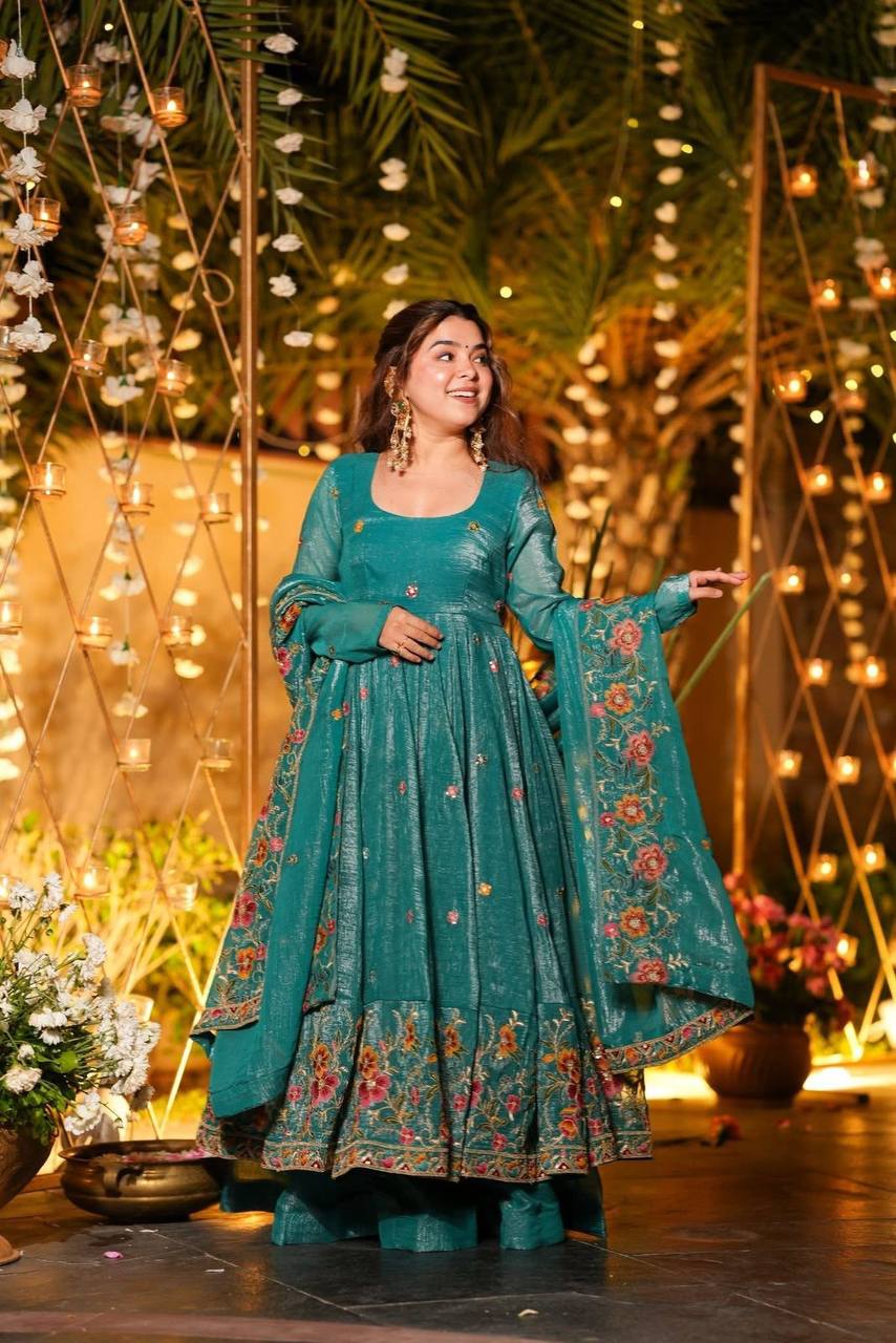 Designer Soft Crunchy Silk Embroidered Anarkali Suit Set