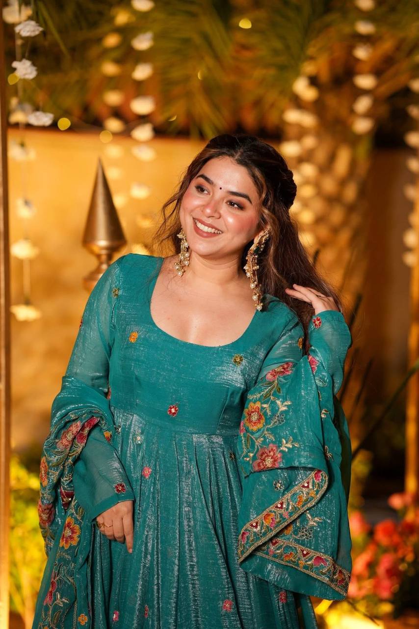 Designer Soft Crunchy Silk Embroidered Anarkali Suit Set