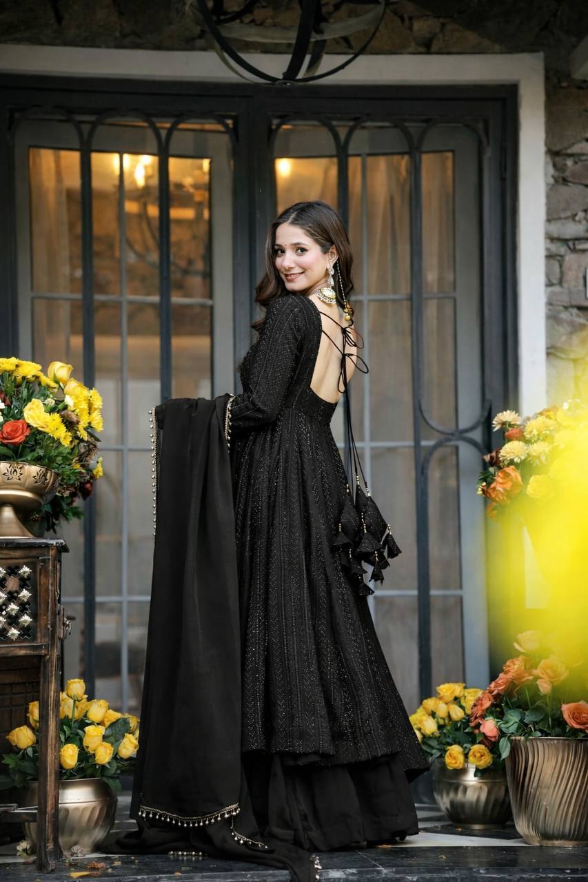 Black Lakhnavi Embroidered Work Anarkali Suit Set