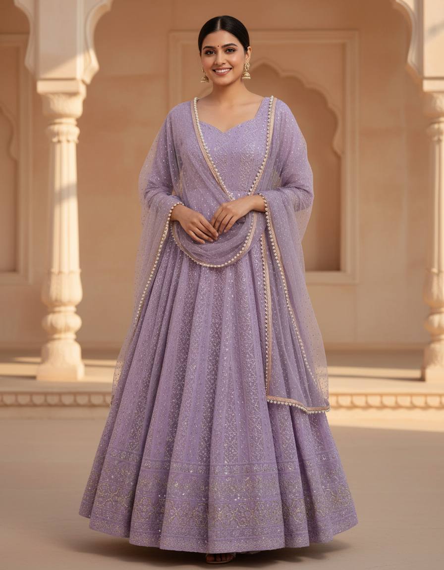 LAVENDER SEQUINS & ZARI EMBROIDERED SOFT GEORGETTE STITCHED ANARKALI SET