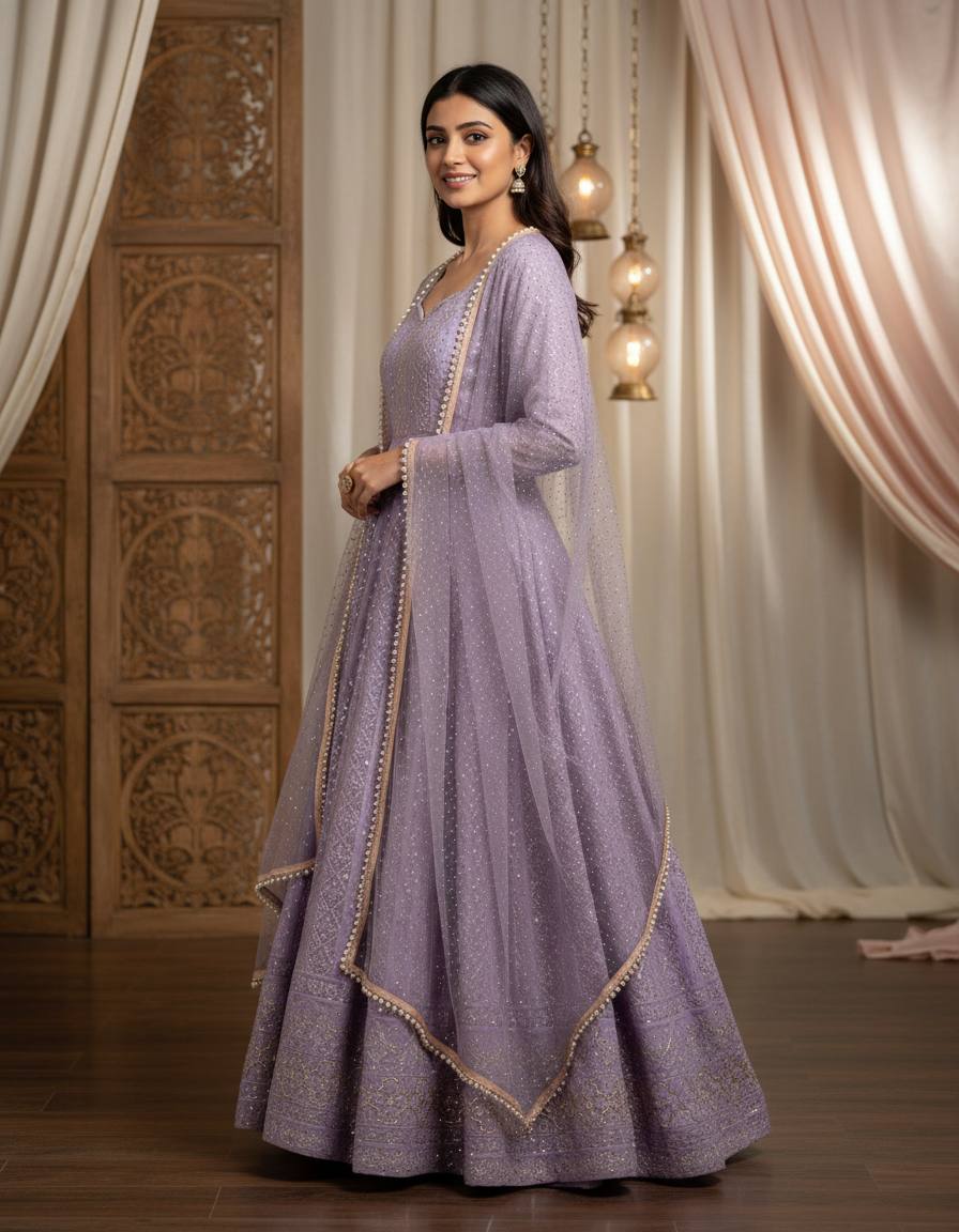 LAVENDER SEQUINS & ZARI EMBROIDERED SOFT GEORGETTE STITCHED ANARKALI SET