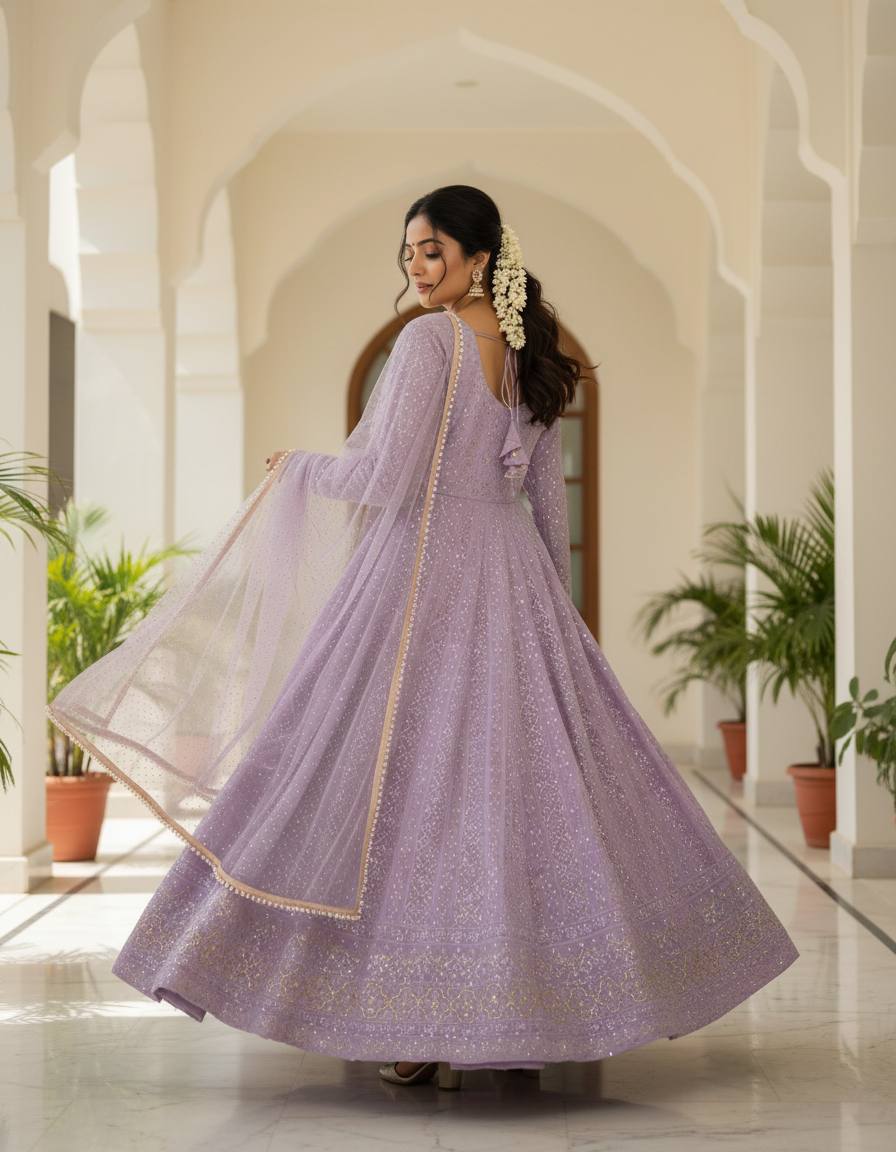 LAVENDER SEQUINS & ZARI EMBROIDERED SOFT GEORGETTE STITCHED ANARKALI SET