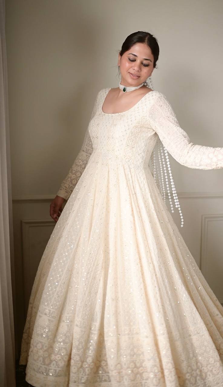 WHITE SEQUINS & ZARI EMBROIDERED SOFT GEORGETTE STITCHED ANARKALI SET
