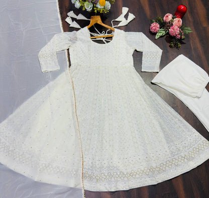 WHITE SEQUINS & ZARI EMBROIDERED SOFT GEORGETTE STITCHED ANARKALI SET
