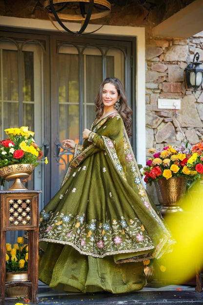 Premium Crunchy Silk Embroidered Anarkali Suit Set with Sharara & Dupatta (3 PCS)