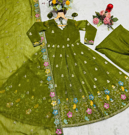 Premium Crunchy Silk Embroidered Anarkali Suit Set with Sharara & Dupatta (3 PCS)