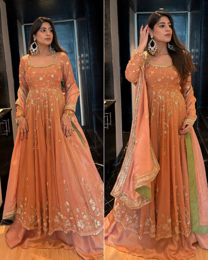 Peach Georgette Embroidered Top Lehenga Set