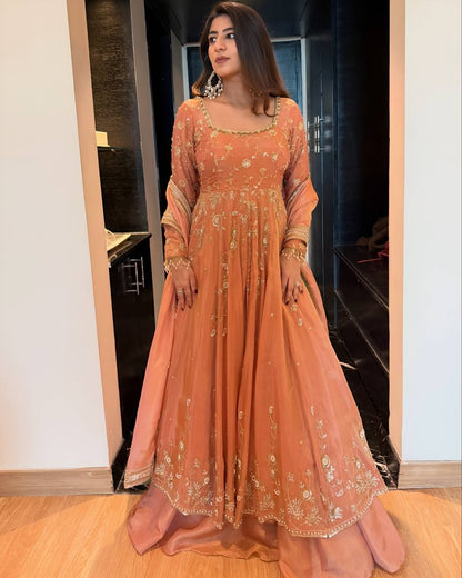 Peach Georgette Embroidered Top Lehenga Set