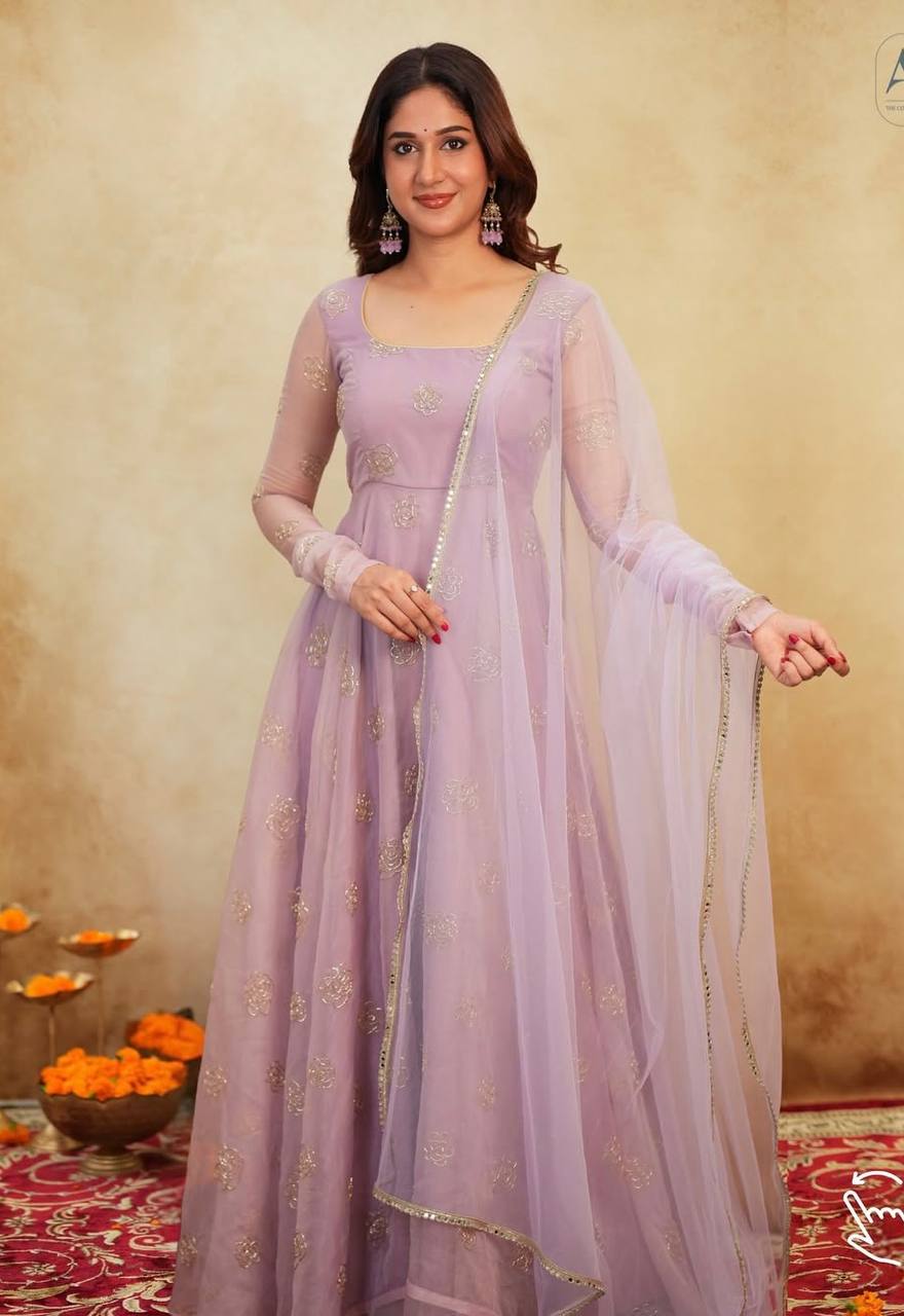 Organza Anarkali Suit with Rose Motif Embroidery & Net Dupatta