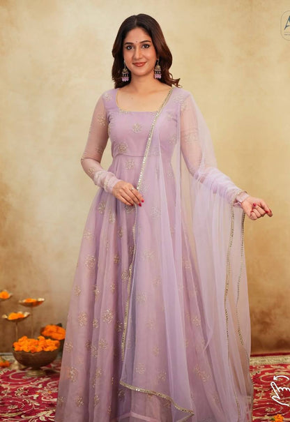 Organza Anarkali Suit with Rose Motif Embroidery & Net Dupatta