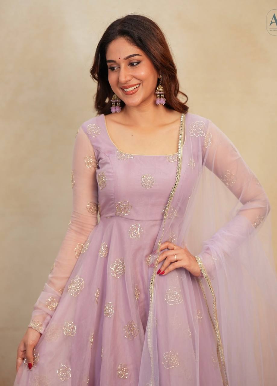 Organza Anarkali Suit with Rose Motif Embroidery & Net Dupatta