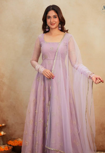Organza Anarkali Suit with Rose Motif Embroidery & Net Dupatta