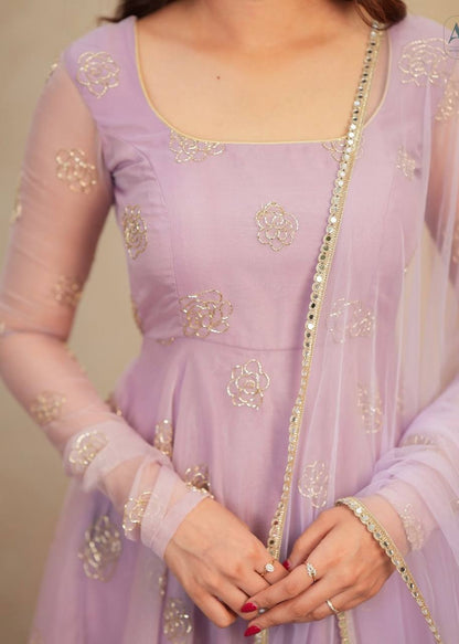 Organza Anarkali Suit with Rose Motif Embroidery & Net Dupatta