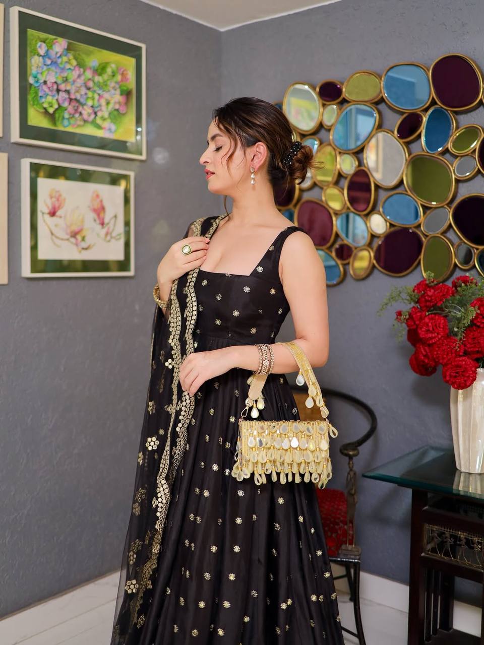 Very Attractive Black Silk Designer Anarkali Suit Set
