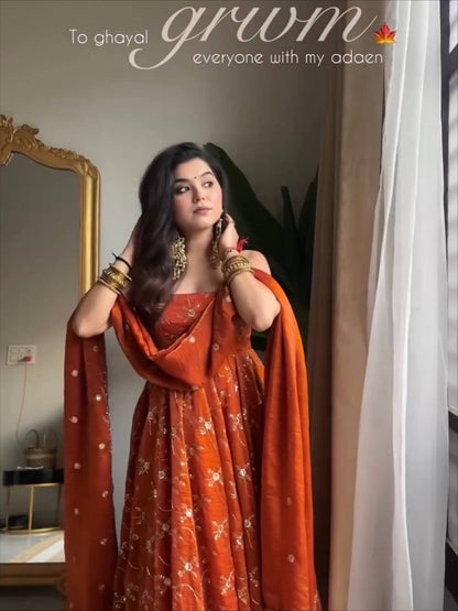 Radiant Elegance Orange Embroidered Anarkali Suit Set