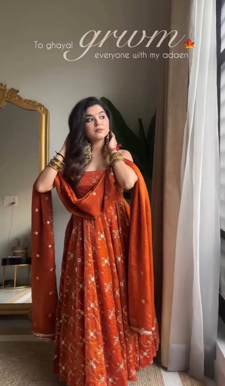 Radiant Elegance Orange Embroidered Anarkali Suit Set