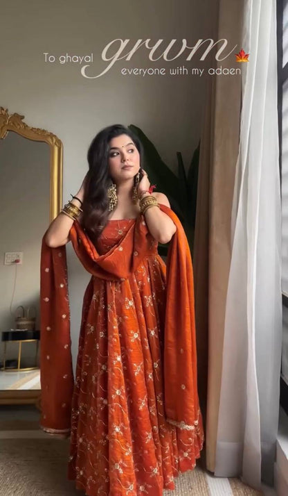 Radiant Elegance Orange Embroidered Anarkali Suit Set