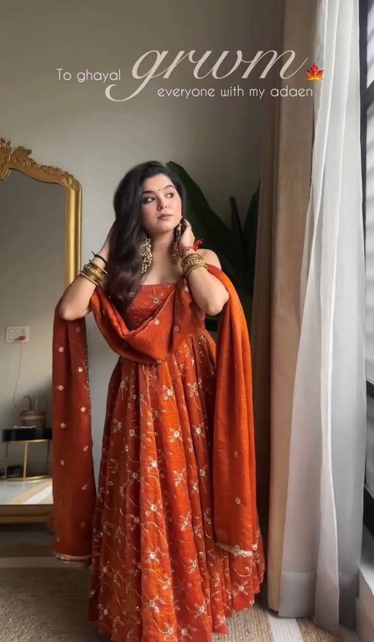 Radiant Elegance Orange Embroidered Anarkali Suit Set